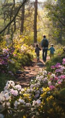 Fototapeta premium A family walks through a forest path surrounded by vibrant flowers and lush greenery on a sunny day.