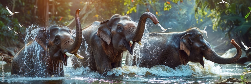 Poster three elephants enjoy a playful moment in a river, splashing water while surrounded by vibrant folia