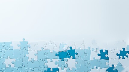 Blue and white jigsaw puzzle pieces arranged in a line across the bottom of a white background with space for text above.