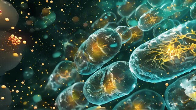 A microscopic view of the intermembrane space of a mitochondrion showing the accumulation of protons during the electron transport chain for ATP synthesis.