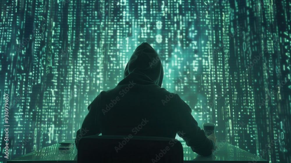 Aufkleber A hacker in a hoodie focuses on a computer surrounded by a large screen displaying flowing green matrix code. Generative AI