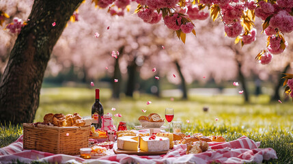 Vibrant Picnic Under a Blooming Cherry Blossom Tree with Fresh Bread, Cheese, and Wine - A Delightful Springtime Outdoor Feast Surrounded by Falling Petals and Lush Greenery