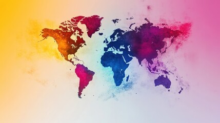 Colorful Abstract World Map with Watercolor Texture on Gradient Background