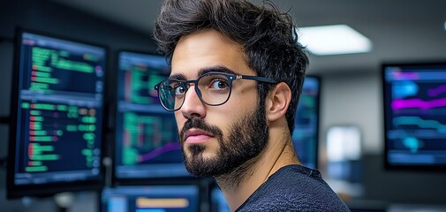 A focused young man with glasses analyzing data on multiple screens in a modern trading environment. data analyst, focus, financial charts, computer screens.