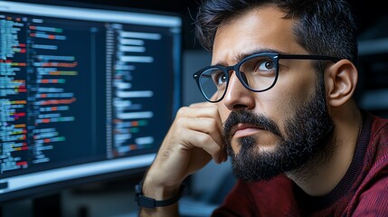 Focused programmer analyzing code on a monitor, embodying the essence of technology and innovation in the digital age. data analyst, focus, financial charts, computer screens.