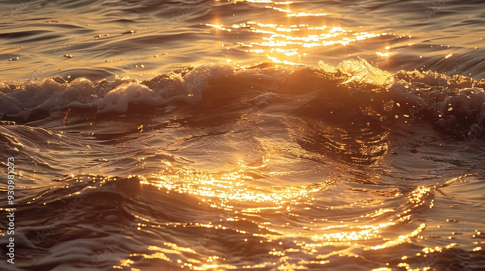 Poster mesmerizing view of the ocean surface at sunset, with the golden rays of the sun reflecting on the w