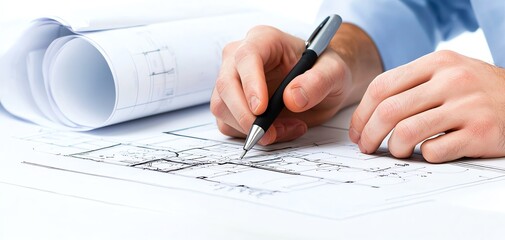 A close-up of hands holding a pen, writing on architectural blueprints, showcasing detailed planning and design.