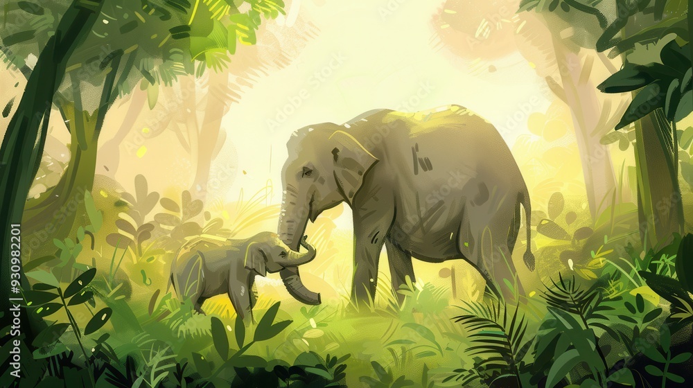 Poster a mother elephant gently interacts with her calf in a vibrant jungle, surrounded by lush greenery an