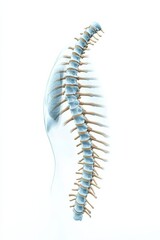 A minimalist design with a detailed 3D Xray of the human spine, set against a white background to emphasize medical accuracy