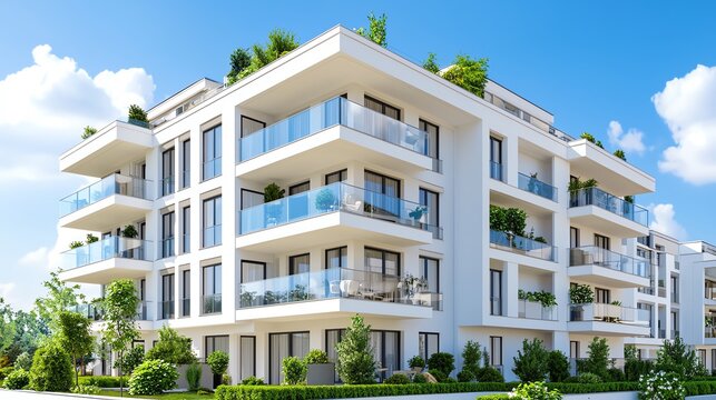 Modern apartment building with balconies and greenery under a clear blue sky, showcasing contemporary architecture.