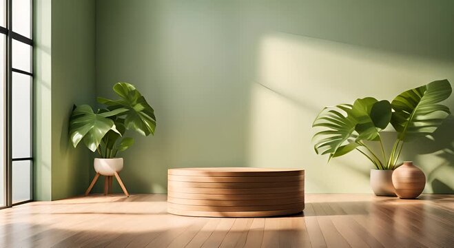 a light green wall provides a calm backdrop for a round wooden display platform, where tropical leaves and soft sunlight create a serene display