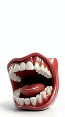 Fototapeta premium Open mouth with funny denture, white teeth and red tongue, isolated on white background, copy space for your text, aspect ratio 9:16