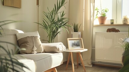 Design a small white corner table with a plant and a photo frame, adding a touch of greenery and personalization to a room.