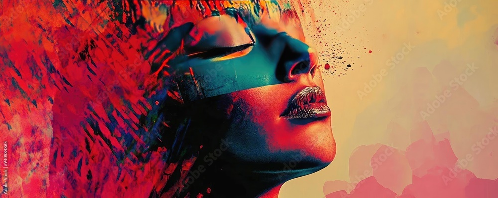 Poster vibrant abstract portrait with expressive colors, showcasing emotion and creativity through digital 