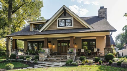 Design an image of a craftsman-style home exterior with a wide front porch, exposed beams, and stone pillars, emphasizing handcrafted quality and traditional charm.