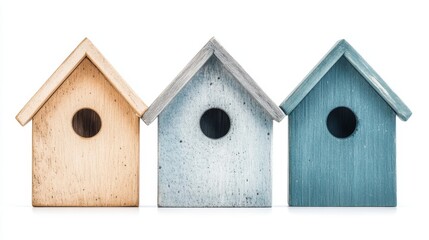 Charming wooden birdhouses in pastel colors, perfect for garden decor and attracting feathered friends to your outdoor space.