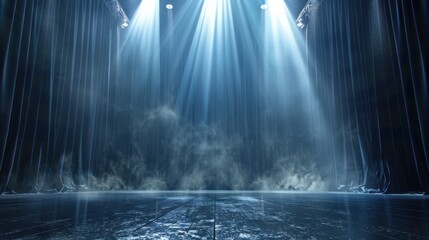 Fototapeta premium A dramatic stage background with dark curtains, spotlight beams, and a sense of anticipation and excitement, setting the perfect scene for a theatrical performance or event