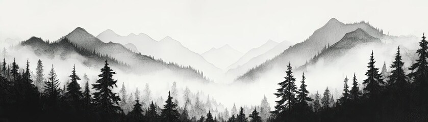Fototapeta premium A serene monochrome mountain landscape enveloped in mist, featuring lush trees silhouetted against the foggy backdrop.