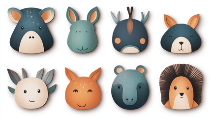 A whimsical illustration of cute animal faces, perfect for children's decor or educational materials, featuring unique designs and colors.
