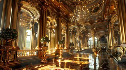 Fototapeta premium Grand hallway in a palace with ornate gold detailing, columns, and a chandelier. The floor is made of marble and reflects the light from the windows. The room has a classic and elegant style.