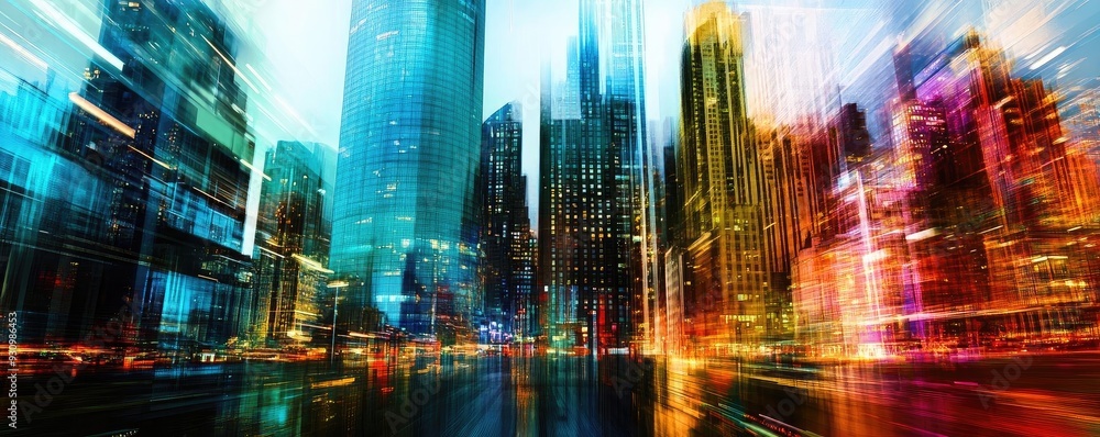 Poster a vibrant cityscape showcasing modern skyscrapers illuminated with colorful lights, creating a dynam