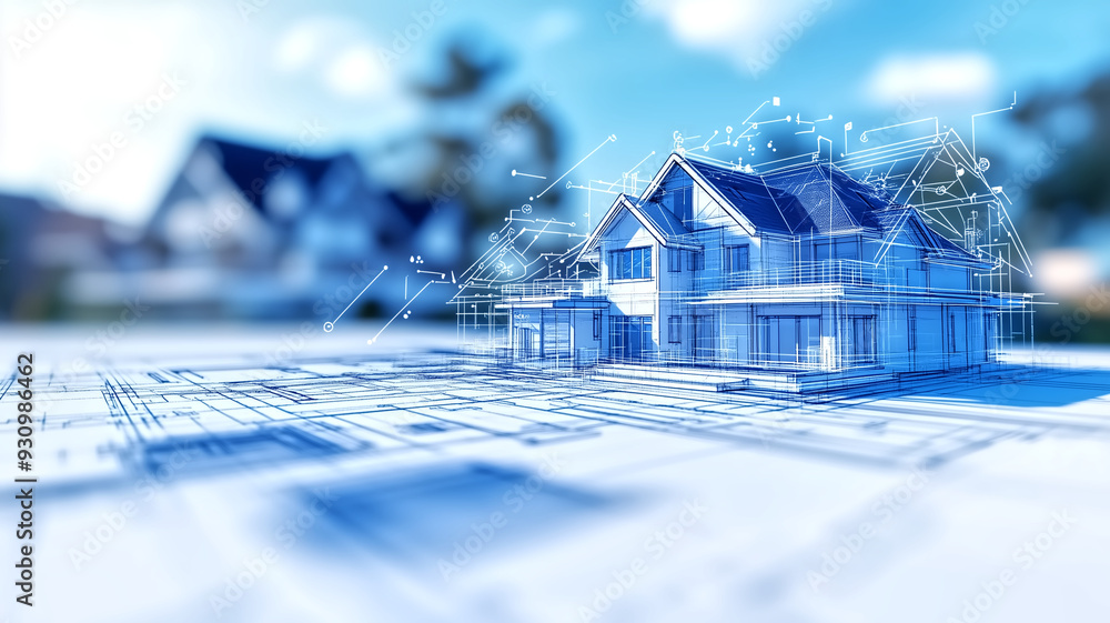 Poster architectural blueprint of modern house with 3d rendering and technical drawings in background