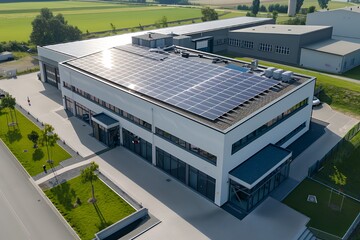 An aerial view of a modern industrial building with solar panels on the roof.