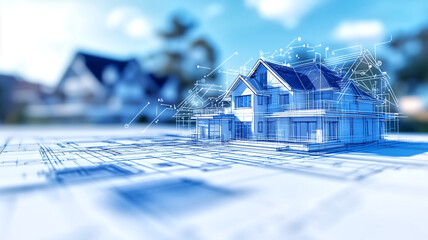 Architectural Blueprint of Modern House with 3D Rendering and Technical Drawings in Background