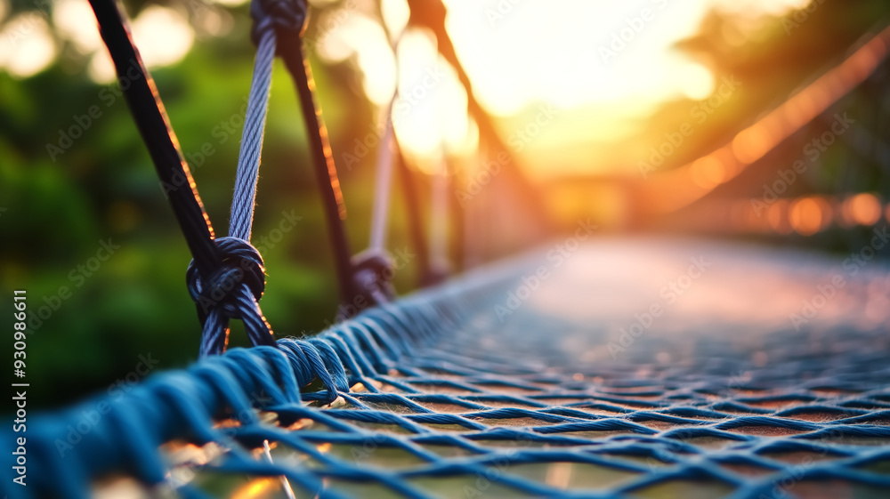 Poster close-up of a rope bridge at sunset with sunlight filtering through trees in the background