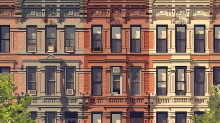 Fototapeta premium Draw a detailed elevation of a historic brownstone building, highlighting its brick facade, ornate cornices, and classic urban charm