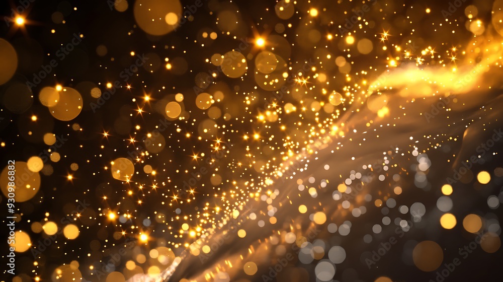 Poster abstract background showcasing a dazzling array of golden sparkles and bokeh lights against a dark b
