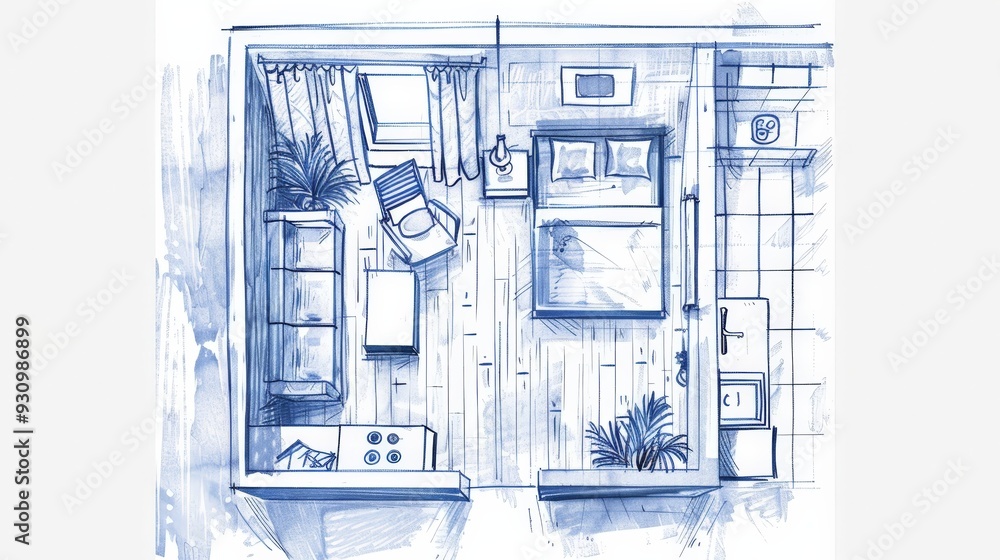 Poster draw a floor plan for a small studio apartment, detailing the efficient use of space, multifunctiona