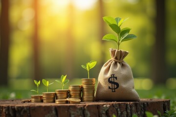 A growing tree with a pile of gold coins and a bag of money. Generative AI