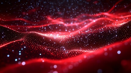 Abstract red and blue glowing particles moving in a wave pattern.