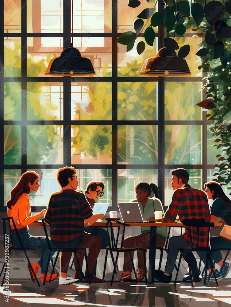 Aufkleber young entrepreneurs discuss ideas while working on laptops amidst coffee cups and notebooks in a vib