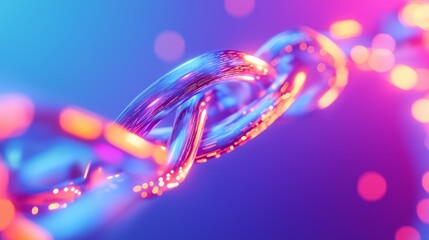 Obraz premium Digital chain link glowing in vibrant purple and blue light against a blurred background.