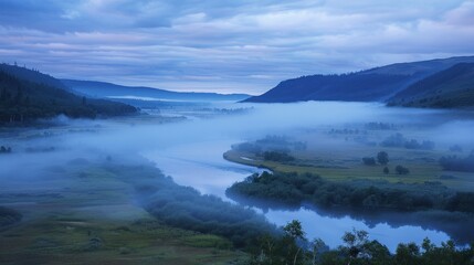 Fog blankets valleys and rivers, adding an ethereal touch to the early morning landscape.