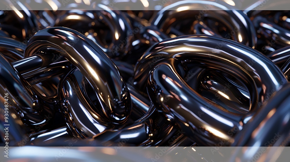 Poster close-up shot of a shiny black chain with a metallic texture. the intricate links are intertwined, c