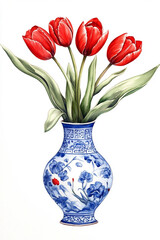  High-Definition Watercolor Art of a Blue and White Porcelain Vase with Red Tulips on a White Background in Traditional Chinese Style
