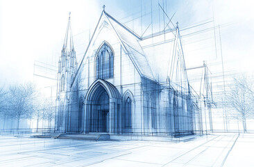 Architectural Blueprint of a Church Detailing Structural Elements and Landscape Design in a 3D Architectural Rendering