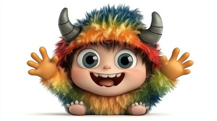 A cute monster child, smiling and waving, wearing a colorful furry costume with horns. Perfect for children's themes and designs.