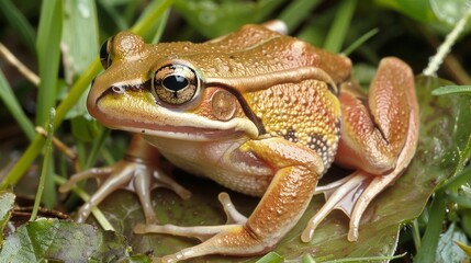 Obraz premium Frogs croak in wetlands and leap with powerful hind legs, playing essential roles in ecosystems.