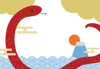 2025年巳年の富士山と青海波の年賀状横05/赤・文字なし	