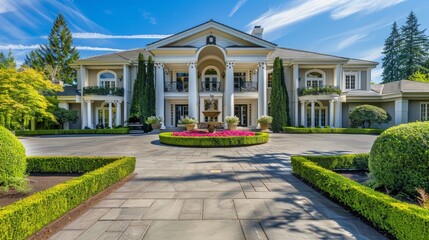 Fototapeta premium Generate a photo of a luxurious mansion exterior featuring grand columns, a circular driveway, and meticulously manicured gardens, highlighting opulence and sophistication.