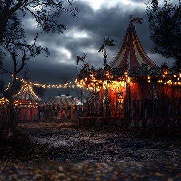Haunting 3D Rendering of a Sinister Halloween Circus Freak Show   Surreal Macabre and Disturbing Digital Artwork with Eerie Ghoulish and Bizarre Elements