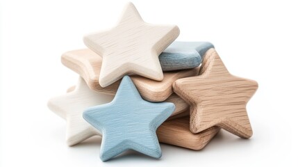 A collection of charming wooden stars in soft pastel colors, perfect for decorating children's rooms or crafting projects.