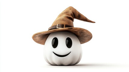 A cheerful pumpkin character wearing a whimsical brown hat, perfect for Halloween-themed decorations and festive designs.