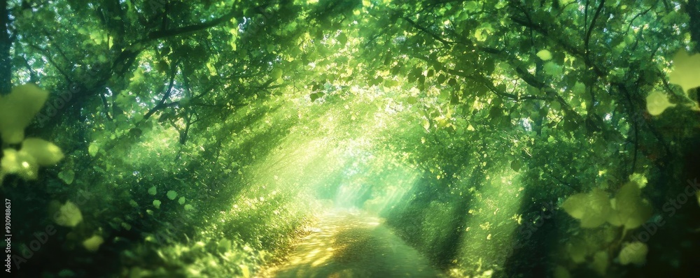 Poster serene forest pathway illuminated by soft sunlight, creating a peaceful and enchanting atmosphere, p