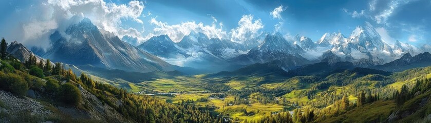 Obraz premium Breathtaking panoramic view of majestic mountains and a vibrant green valley under a clear blue sky with scattered clouds.