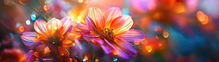Obraz premium Vibrant flowers with colorful petals, showcasing nature's beauty and tranquility in a soft, dreamy bokeh background.